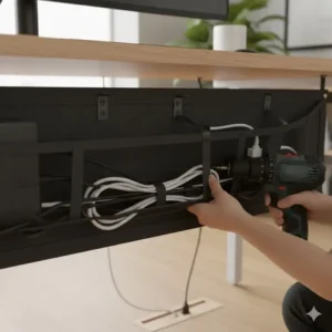 Schritt-für-Schritt Montage für ein effizientes schreibtisch netz teil kabelmanagement mit einem Kabelnetz.