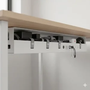 Nahaufnahme einer Kabelwanne unter dem Schreibtisch Kabelführung System 2026.