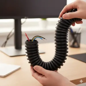 Detailansicht: So lässt sich der schreibtisch kabelschutz flexibel biegen und anpassen.
