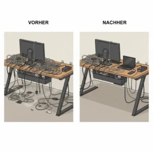 Vorher-Nachher-Vergleich am Arbeitsplatz mit einem praktischen schreibtisch ladekabel organiser.