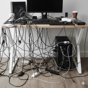 Vergleich eines unordentlichen Arbeitsplatzes mit einem sauberen schreibtisch pc kabel management setup.