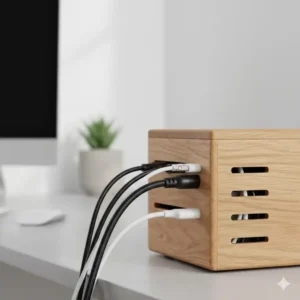 Seitliche Ansicht einer kabelbox holz design mit präzisen Schlitzen für die Kabelführung.