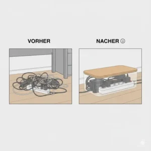 Comparison of cable clutter before and after using the kabelmanagement box groß.