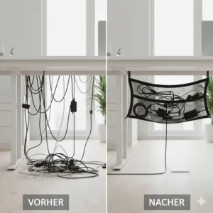Vorher-Nachher Vergleich der Ordnung durch ein professionelles schreibtisch netz teil kabelmanagement.