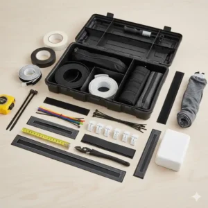 Notwendiges Zubehör wie Kabelbinder und Klettverschluss für das schreibtisch pc kabel management setup.