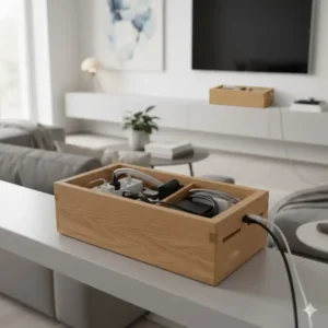 Innenansicht der kabelbox holz design mit Platz für eine Mehrfachsteckdose und Ladegeräte.