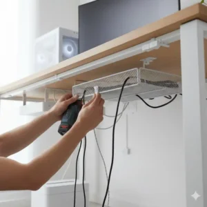 Montage einer Kabelwanne unter dem Tisch für ein effizientes schreibtisch pc kabel management setup.