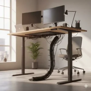Unterseite eines Tisches mit montiertem schreibtisch kabelschutz flexibel für Kabelmanagement.