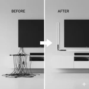 Vorher-Nachher-Vergleich der Ordnung durch einen diskreten kabelkanal für tv board.