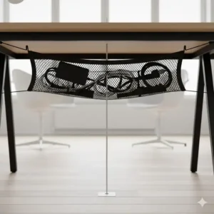 Unteransicht eines modernen Schreibtischs mit installiertem schreibtisch netz teil kabelmanagement.