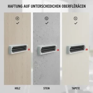 Illustration der verschiedenen Oberflächen, auf denen ein kabelkanal selbstklebend stark sicher haftet, wie Holz oder Fliesen.