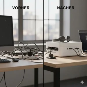 Vorher-Nachher-Vergleich der Ordnung im Büro durch eine kabelmanagement box hitzebeständig.