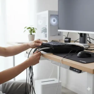Verwendung von Kabelschläuchen zur Bündelung im schreibtisch pc kabel management setup.