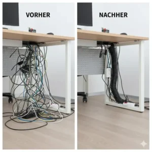 Ordnung schaffen: Vorher-Nachher Vergleich mit dem schreibtisch kabelschutz flexibel.