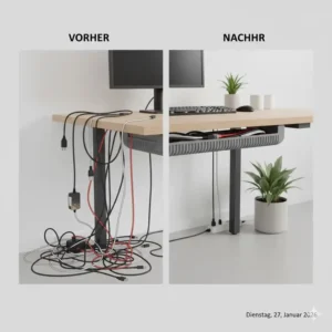 Vorher-Nachher Vergleich der Ordnung durch Nutzung eines kabelkanal eckig flexibel.