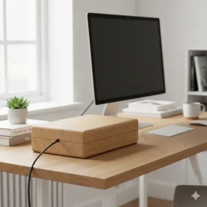 Ordnung am Arbeitsplatz dank einer minimalistischen kabelbox holz design auf dem Schreibtisch.