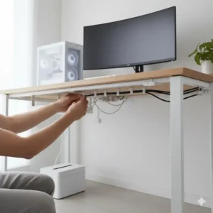 Detailansicht der Kabelführung an der Unterseite im schreibtisch pc kabel management setup.