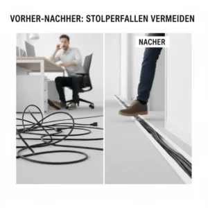 Grafik zur Sicherheit im Haushalt: Stolperfallen vermeiden durch den Einsatz eines kabelkanal selbstklebend stark.