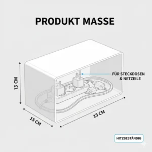 Infografik mit den Maßen der kabelmanagement box hitzebeständig für Steckdosenleisten und Netzteile.