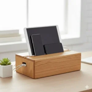 Funktionale kabelbox holz design mit praktischer Halterung für Smartphones und Tablets auf dem Deckel.