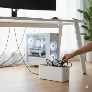 Verstecken der Mehrfachsteckdose in einer Box für das schreibtisch pc kabel management setup.