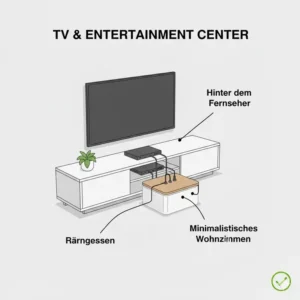 Living room setup hiding power strips inside a kabelmanagement box groß behind a TV.
