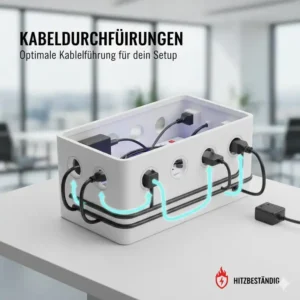 Darstellung der seitlichen Öffnungen an der kabelmanagement box hitzebeständig für eine saubere Führung.