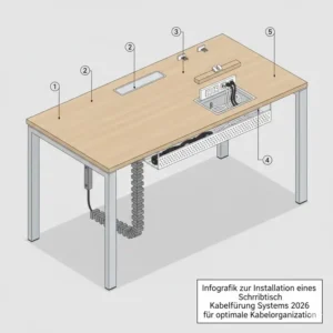 Eine technische Zeichnung zur Installation vom Schreibtisch Kabelführung System 2026.