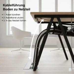 Saubere Kabelführung vom Boden direkt in das schreibtisch netz teil kabelmanagement am Tisch.
