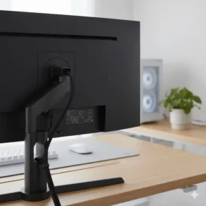 Saubere Kabelführung hinter den Monitoren bei einem Gaming schreibtisch pc kabel management setup.