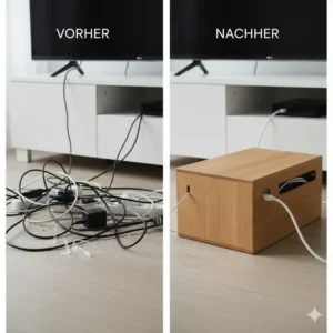Vorher-Nachher-Vergleich der Kabelordnung durch Einsatz einer dekorativen kabelbox holz design.
