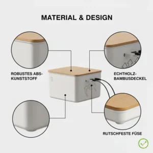 Detailed view of the high-quality bamboo and ABS materials of the kabelmanagement box groß.