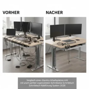Vorher-Nachher-Vergleich der Effizienz vom Schreibtisch Kabelführung System 2026.