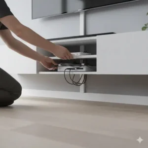 Unter dem Möbelstück montierter kabelkanal für tv board für eine versteckte Kabelführung.