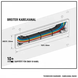 Technisches Diagramm zeigt die Maße für einen kabelkanal breit für viele kabel mit hoher Kapazität.