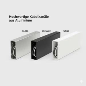 Verschiedene Farbvarianten der Serie kabelkanal alu hochwertig in Silber und Schwarz.