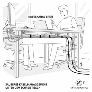 Unter dem Tisch montierter kabelkanal breit für viele kabel für ein sauberes Kabelmanagement.