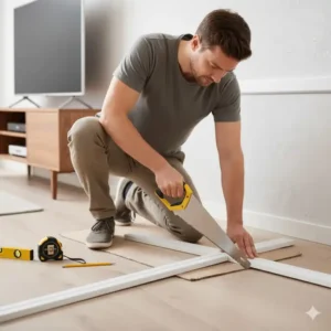 Zuschneiden der Profile für die kabelkanal wand montage auf die richtige Länge.