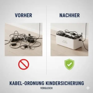 Vorher-Nachher-Vergleich: Kabelsalat vs. Ordnung mit der kabelbox kinder sicherung.