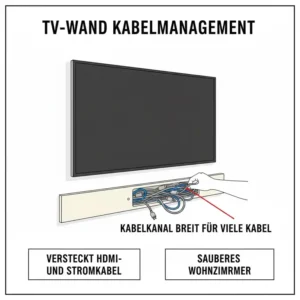 Eine Wohnzimmer-Installation mit einem kabelkanal breit für viele kabel unter dem Fernseher.