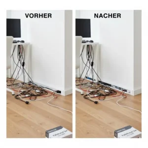 Vorher-Nachher Vergleich der Kabelordnung durch Nutzung von einem kabelkanal set komplett.