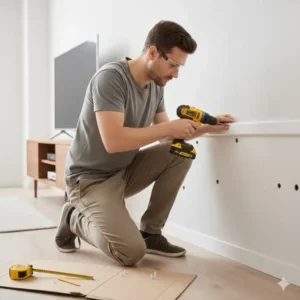 Festschrauben des Unterteils bei der kabelkanal wand montage an einer Mauer.