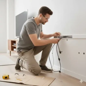 Einlegen der Stromkabel in das Gehäuse der kabelkanal wand montage.