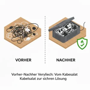 Vorher-Nachher-Vergleich: Ordnung schaffen mit einer kabelbox mehrfachstecker sicher.