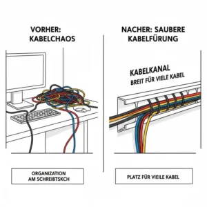 Vorher-Nachher Vergleich der Ordnung durch einen kabelkanal breit für viele kabel.