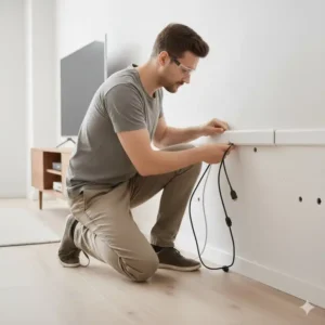 Schließen der Abdeckung als letzter Schritt der kabelkanal wand montage.