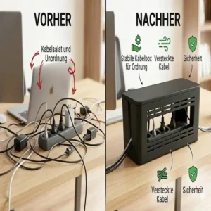 Vorher-Nachher-Vergleich: Ordnung schaffen mit einer kabelbox mit deckel stabil gegen Kabelsalat.