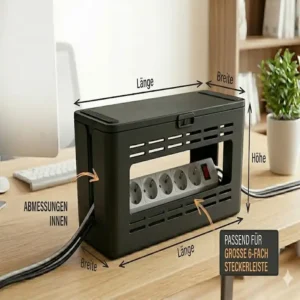 Infografik mit den exakten Abmessungen für die kabelbox mit deckel stabil und 6-fach Steckdosenleisten.