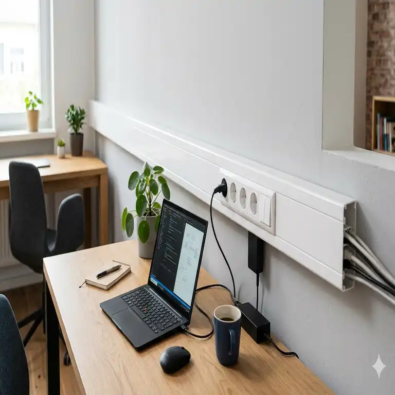 Moderne Wandmontage einer kabelkanal steckdose integration für ein sauberes Kabelmanagement im Büro.