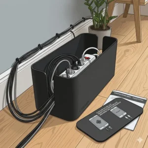 Flacher Deckel der kabelbox schwarz groß als praktische Ablage für Smartphones während des Ladens.
